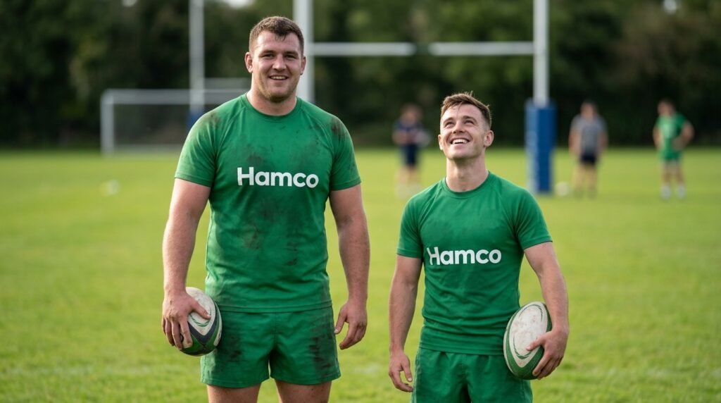 A tall heavy rugby forward standing next to a small lean scrum half showing the range of body types