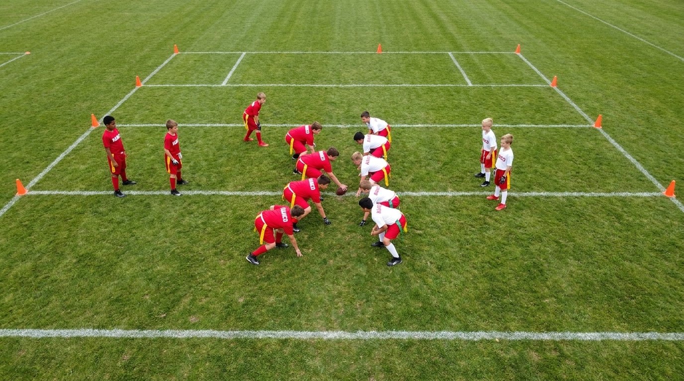 Aerial view of a flag football field showing the end zones, markings, and two teams