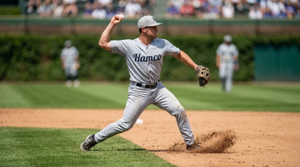 Baseball shortstop fielding a ground ball deep in the hole and throwing across the diamond