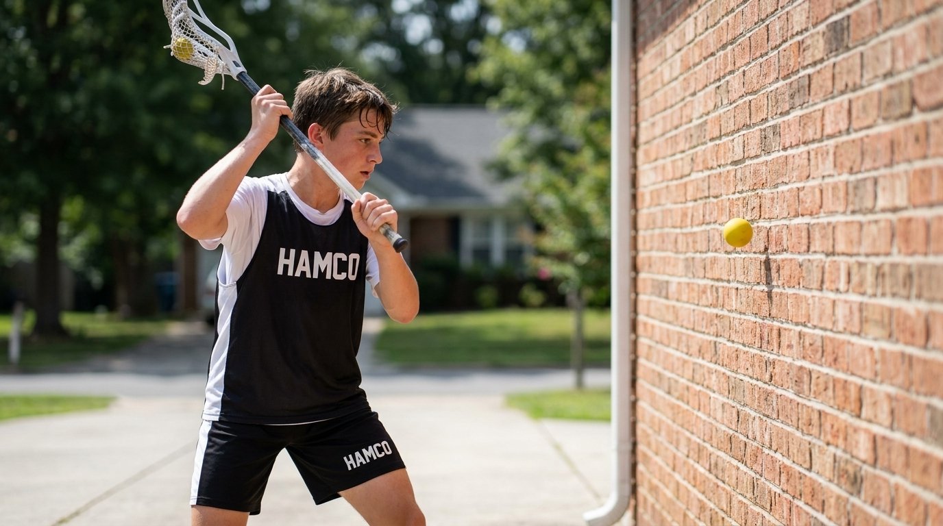 Beginner lacrosse player practicing wall ball against a wall to build stick skills