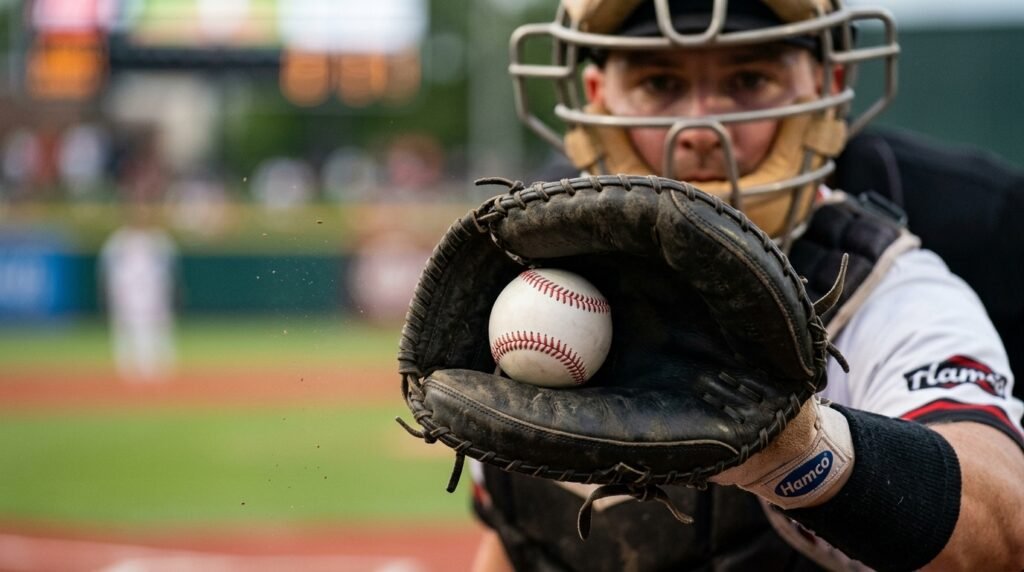 Catcher framing a borderline pitch with a quiet glove as the umpire watches