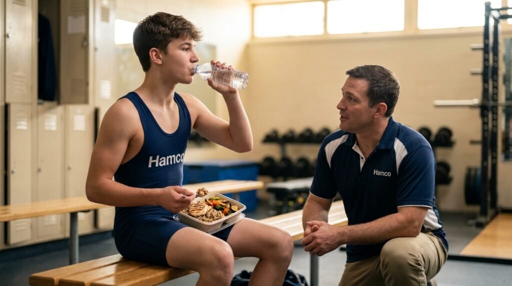 Coach guiding a young wrestler on healthy eating and hydration for safe weight management