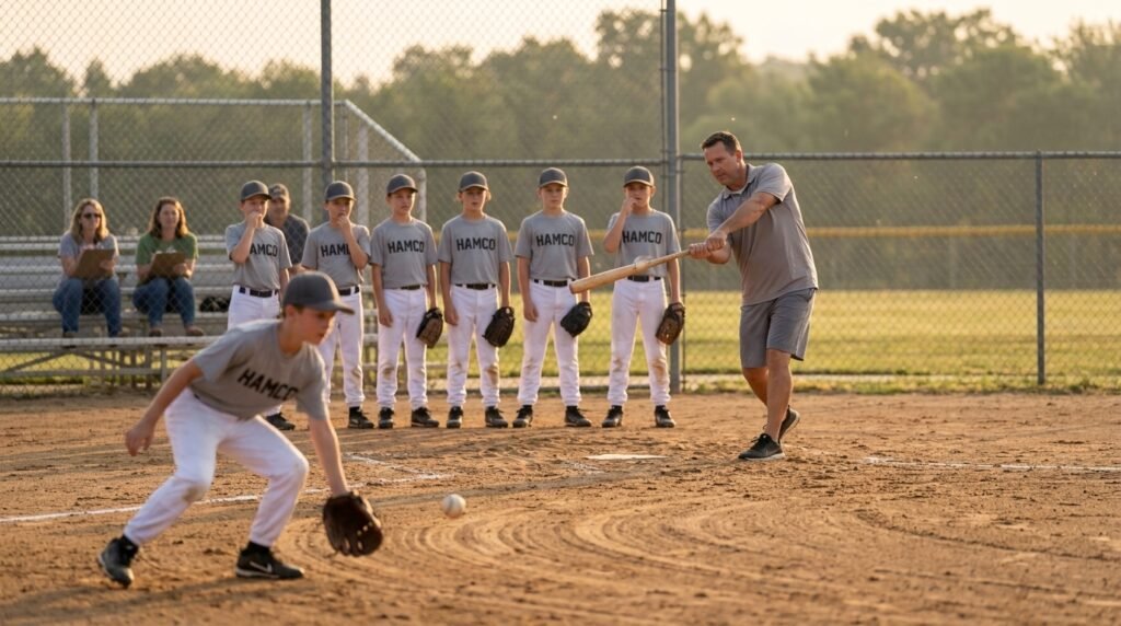 Coach hitting ground balls to young infielders during a baseball tryout