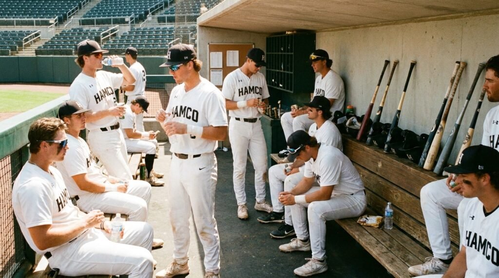 College baseball team resting in the dugout between doubleheader games