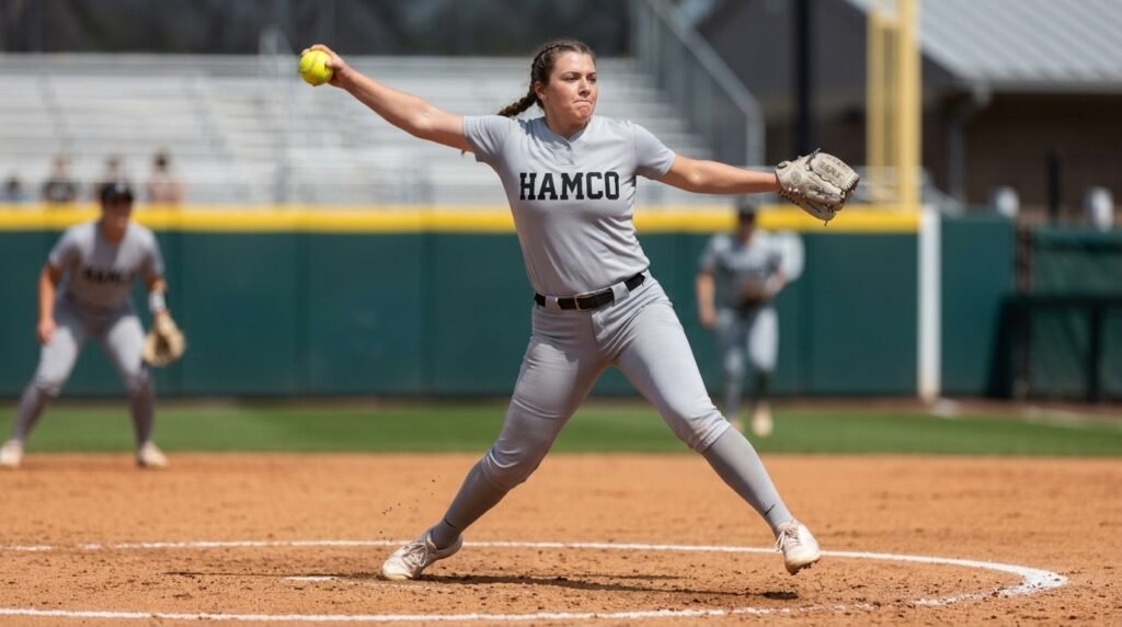 College fastpitch softball pitcher mid windmill delivery from the pitching circle