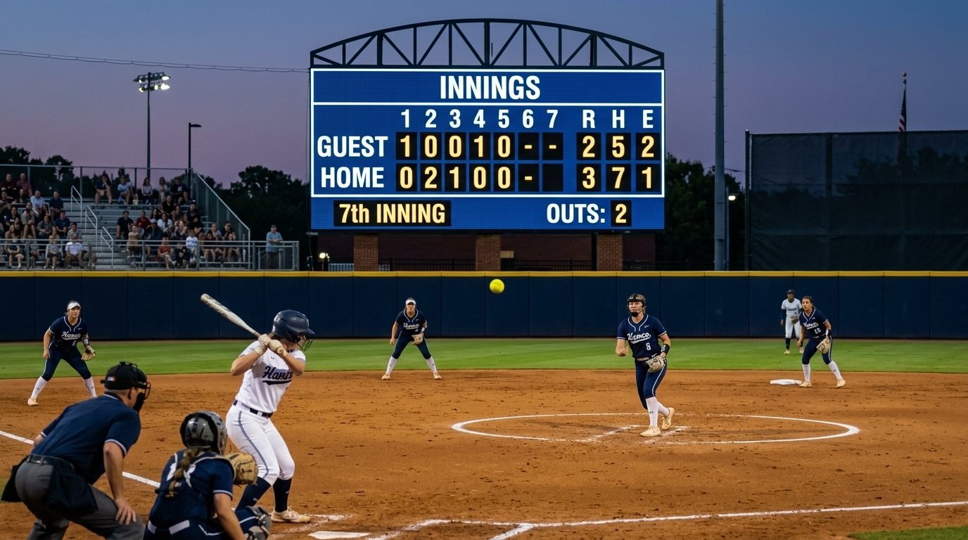 College softball scoreboard showing the innings of a game at dusk
