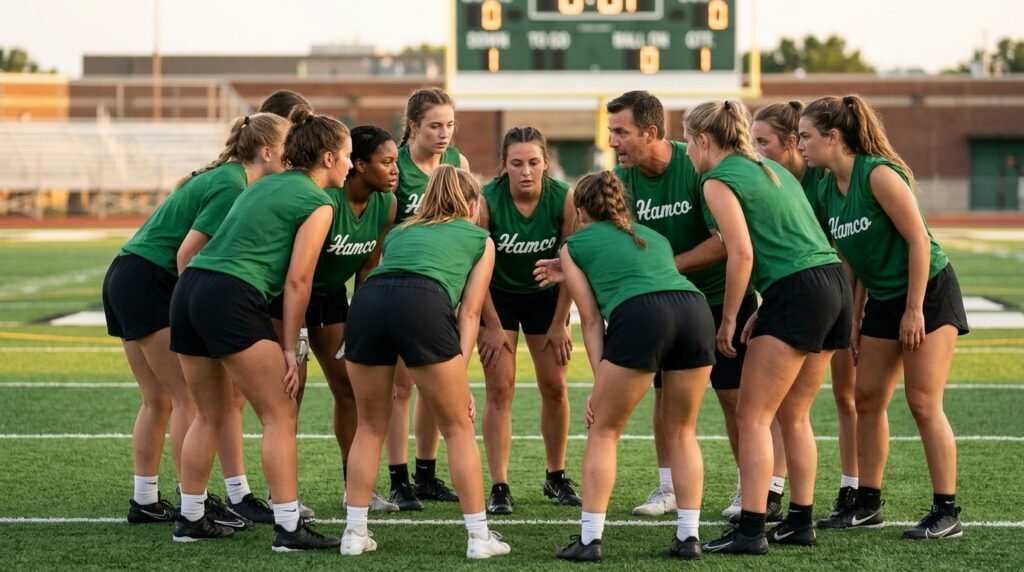 College women's flag football team huddled with their coach during a game