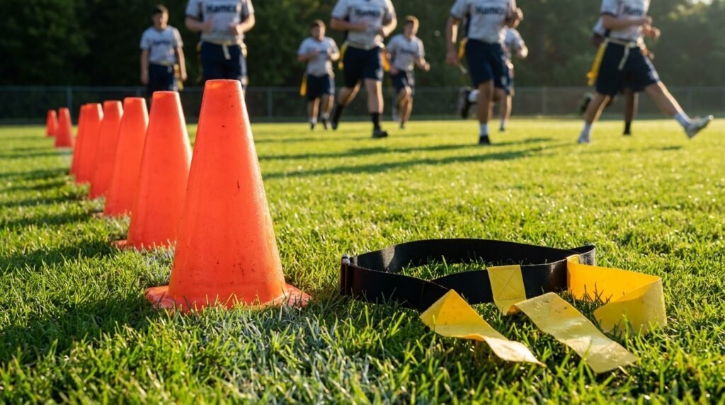 Cones and a flag football belt with flags marking out a field before a game