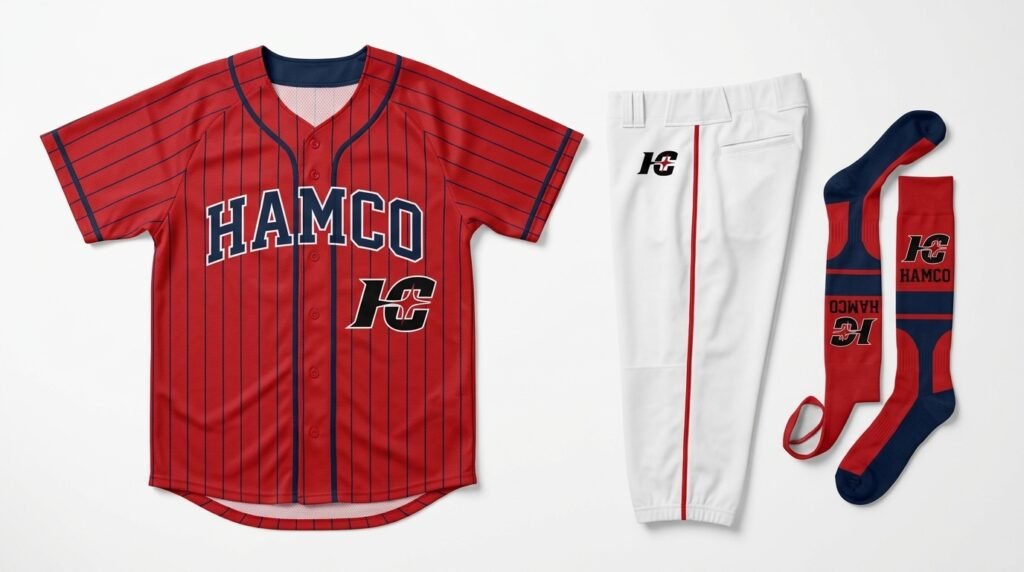 Custom sublimated two in one baseball stirrup socks flat lay with matching team jersey and knickers
