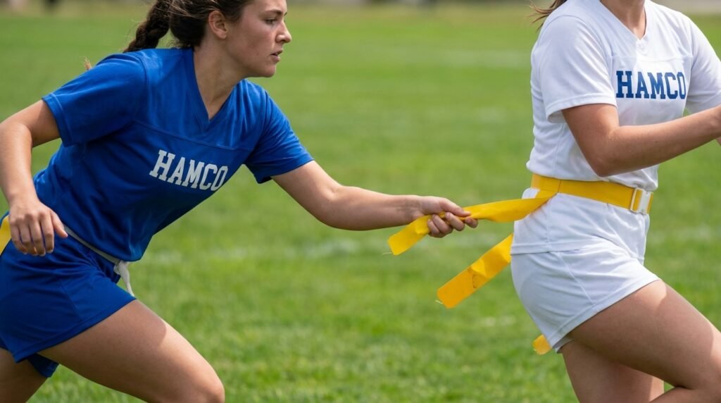 Defender pulling the flag from a ball carrier's belt in a girls flag football game