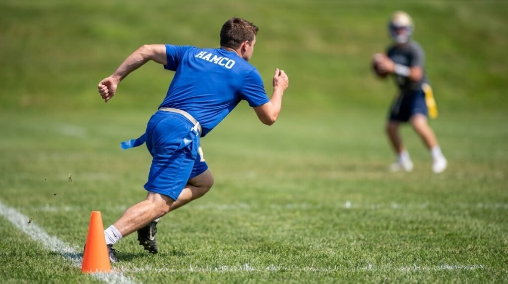 Flag football rusher sprinting from the 7 yard rush line toward the quarterback