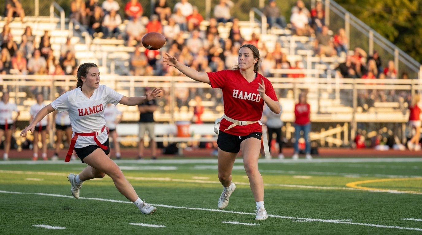 High school girls flag football quarterback throwing a pass during a varsity game