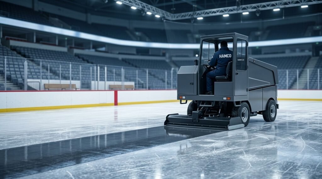 Ice resurfacing machine laying down fresh ice during a hockey intermission