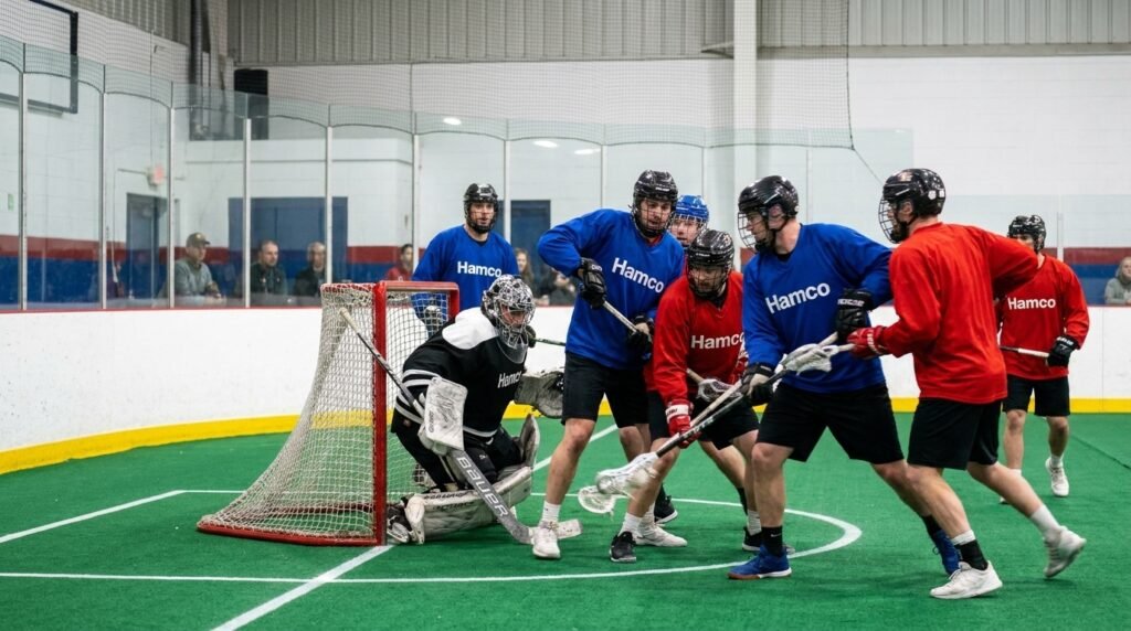 Indoor box lacrosse game in a boarded hockey rink with a small goal and padded goalie