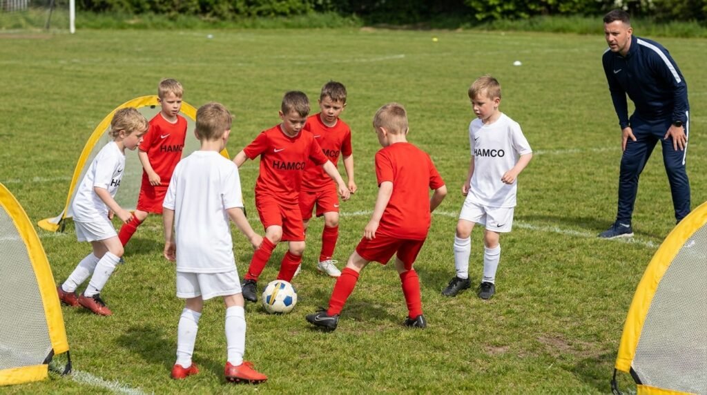 Kids playing a 3v3 small sided soccer game with small goals at practice