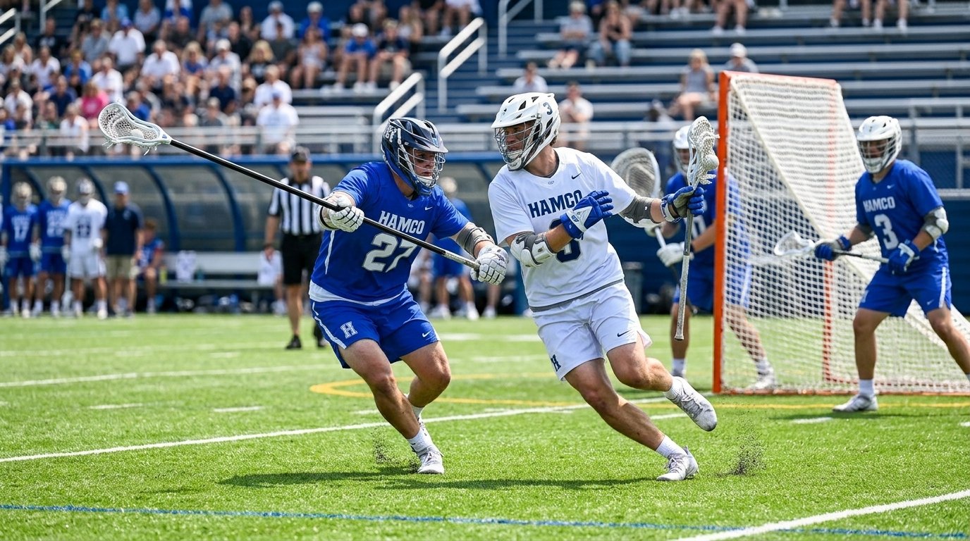 Lacrosse attacker dodging past a long pole defender toward the goal