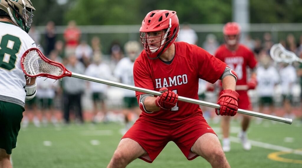 Lacrosse defenseman using a long pole to poke check an opposing attacker