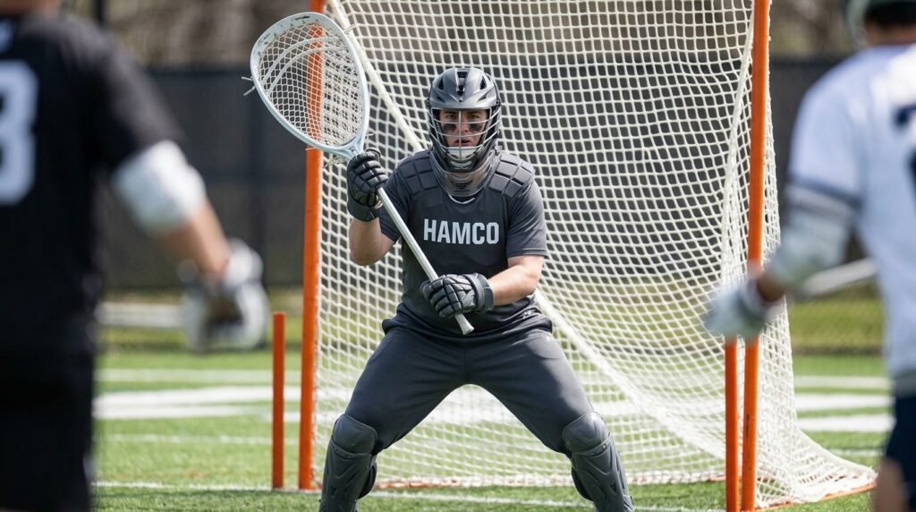 Lacrosse goalie in the crease with an oversized stick ready to make a save