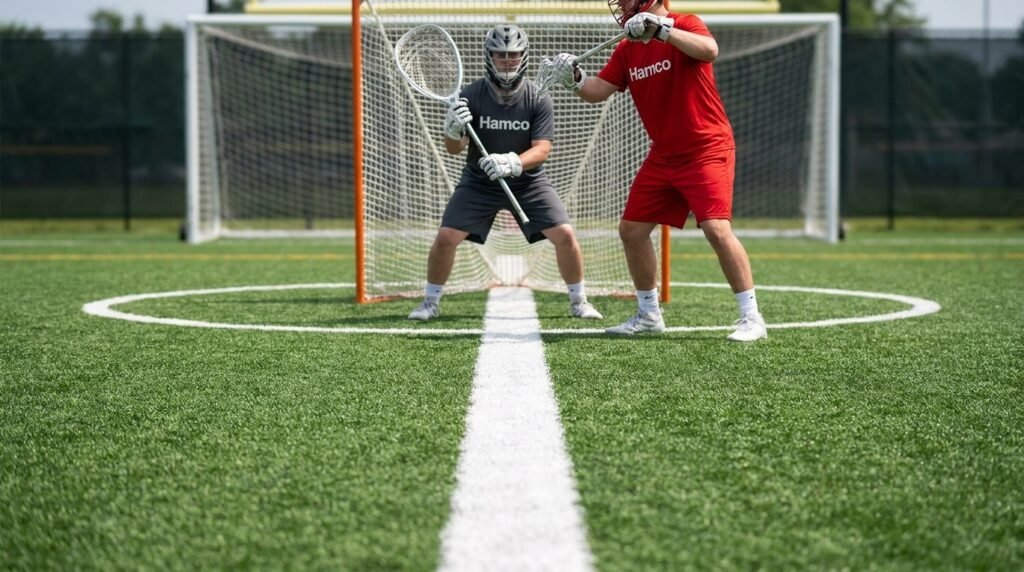 Lacrosse goalie standing inside the painted crease circle in front of the goal