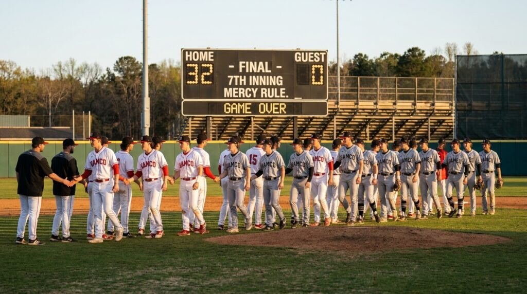 Lopsided college baseball scoreboard as a game ends early on the mercy rule