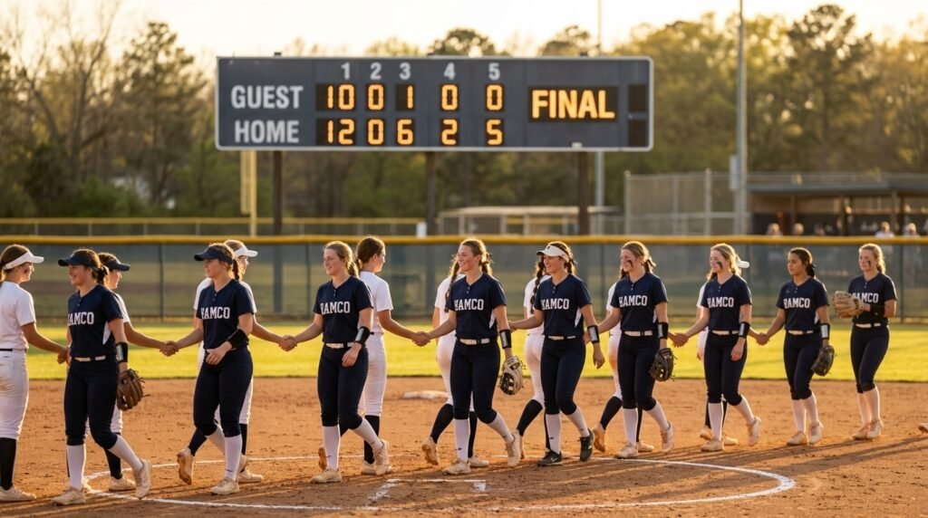 Lopsided college softball scoreboard as a game ends early on the run rule