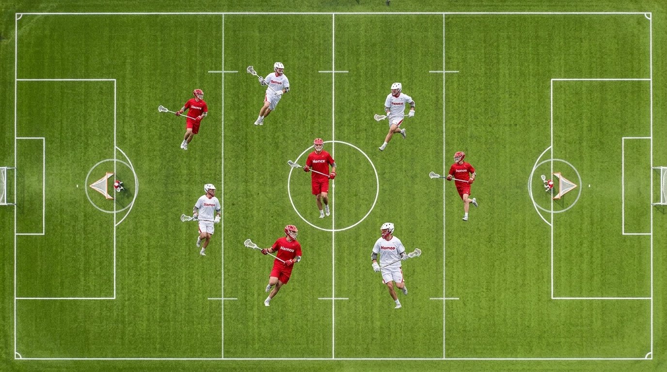 Overhead view of a full lacrosse field showing the lines, creases, and goals