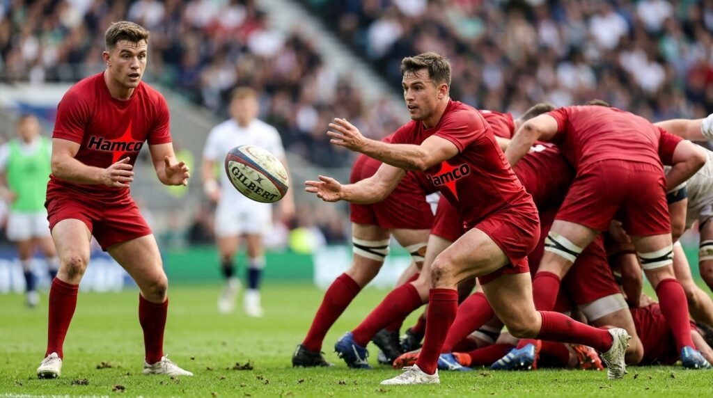 Rugby scrum half passing the ball from the ruck to the fly half