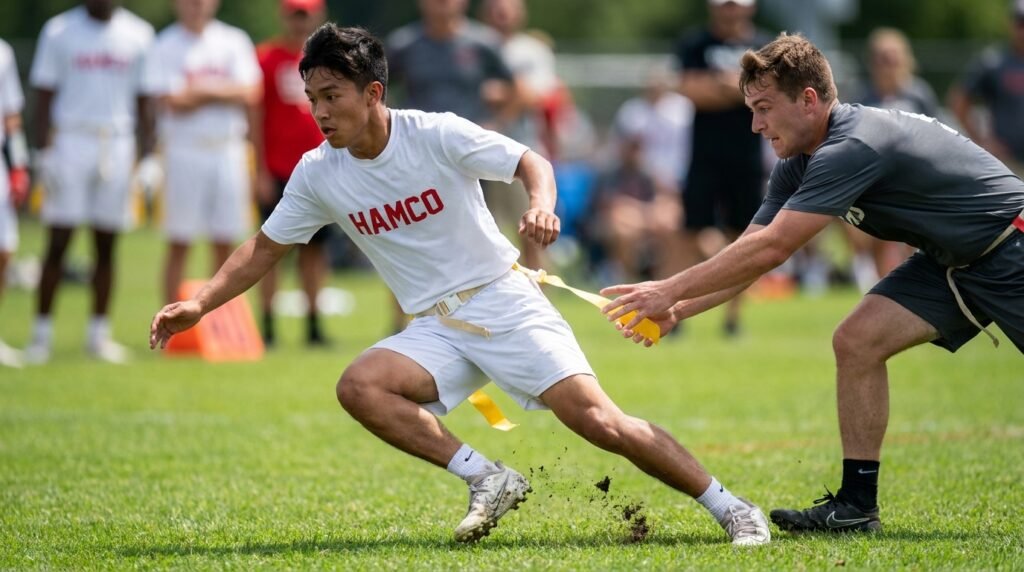 Small quick flag football receiver cutting to get open as a defender reaches for the flag