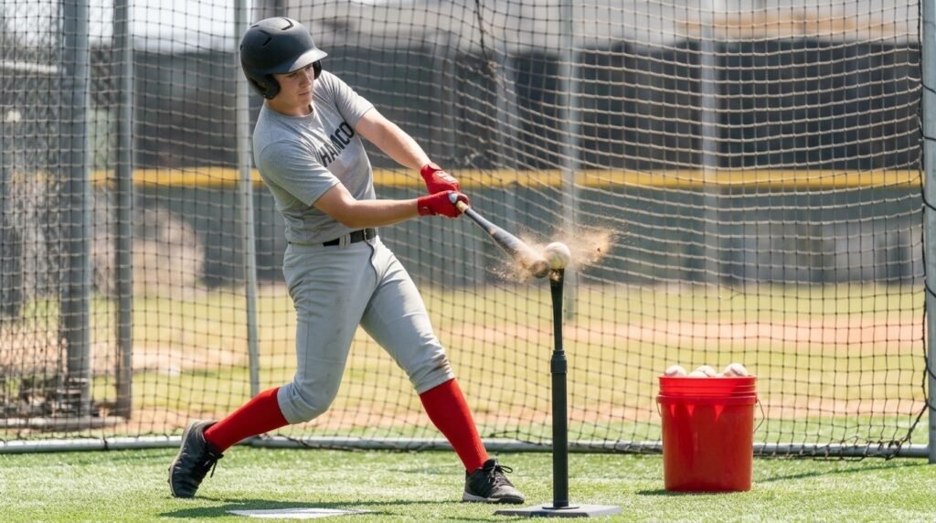 Teenage baseball player hitting off a tee into a net during batting practice