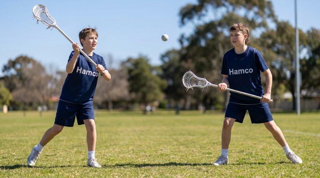 Two beginner lacrosse players practicing passing and catching in pairs