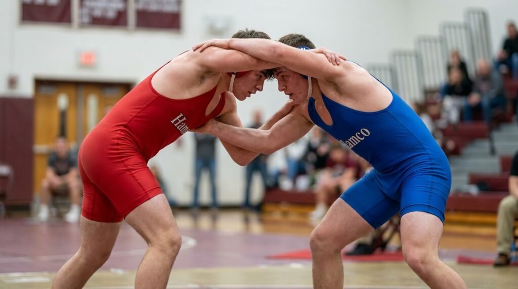 Two evenly matched high school wrestlers competing in the same weight class
