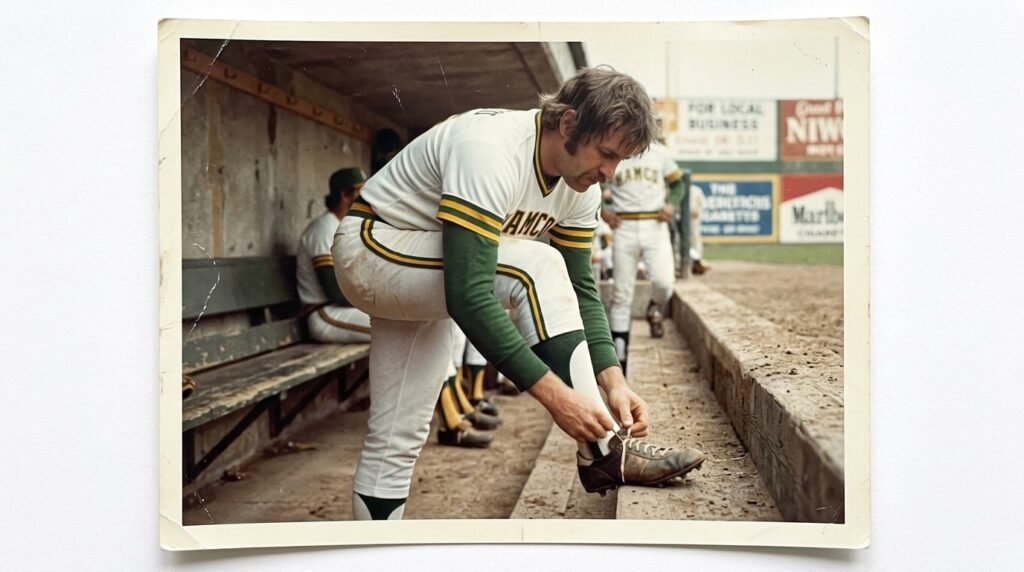 Vintage 1970s baseball player with high stretched stirrup loops showing white sanitary socks in dugout