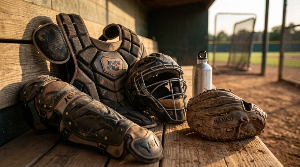 Worn catchers gear laid out on a dugout bench after a game
