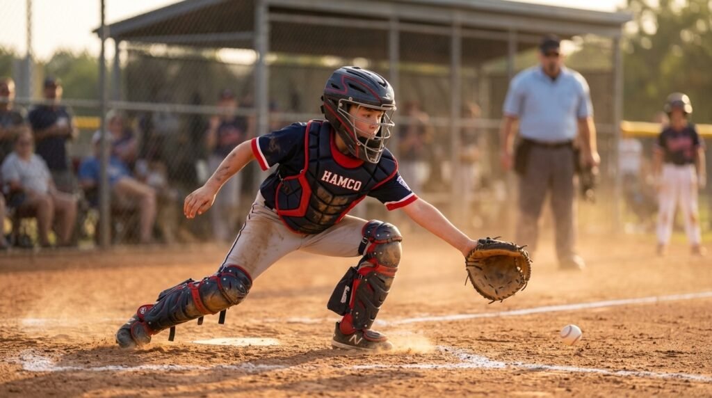 Young Little League catcher chasing a ball in the dirt behind home plate