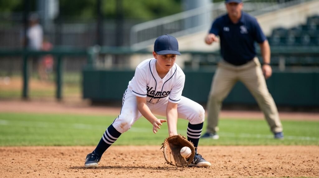 Young baseball player fielding a ground ball out in front with the glove down