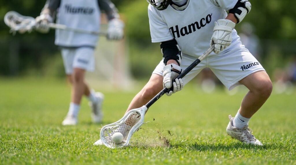 Young lacrosse player scooping a ground ball low with two hands on the stick