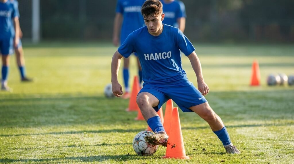 Young player practicing footwork by dribbling through cones in a ball mastery drill