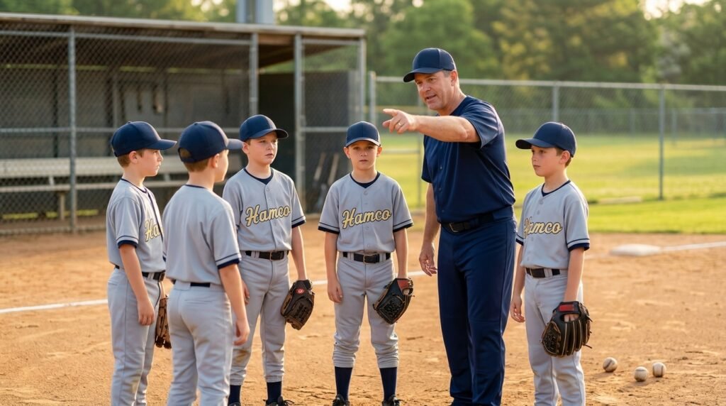 Youth baseball coach positioning young players on the field by their strengths