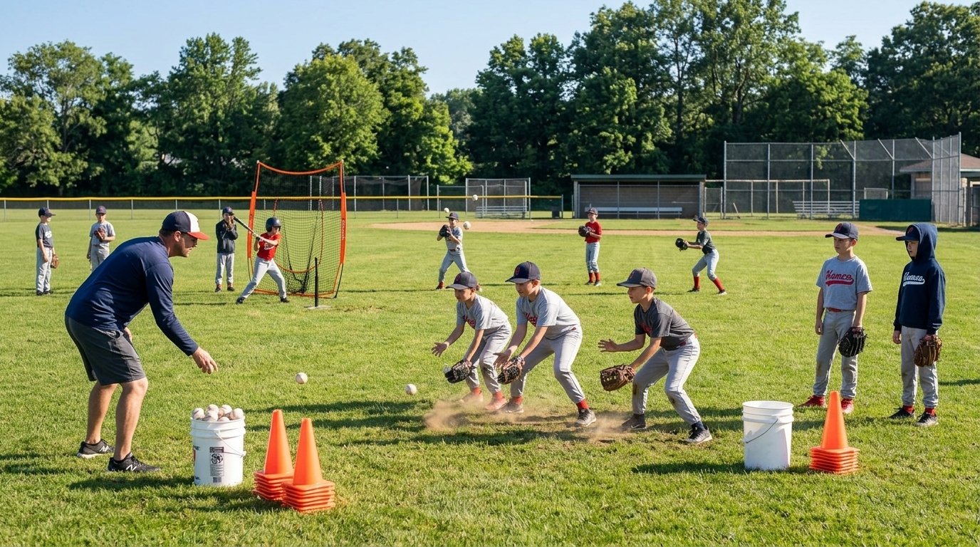 Youth baseball team practicing in small station groups during a drills session