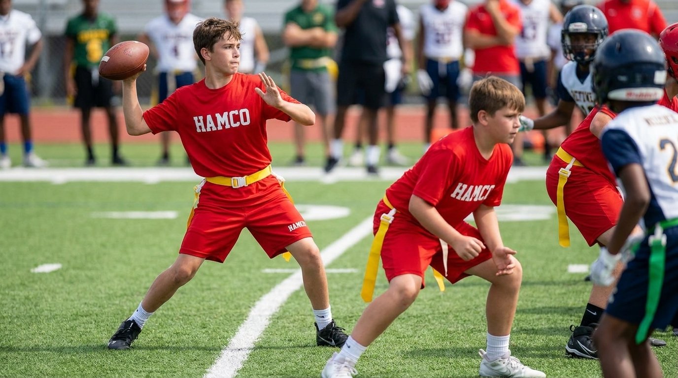 Youth flag football quarterback with a flag belt dropping back to throw