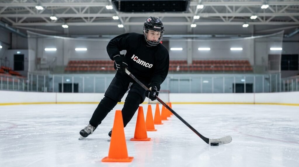 Youth hockey player weaving a puck through cones during a stickhandling drill