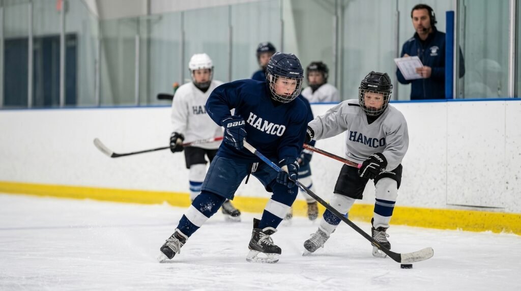 Youth hockey players skating during a game with shorter period lengths