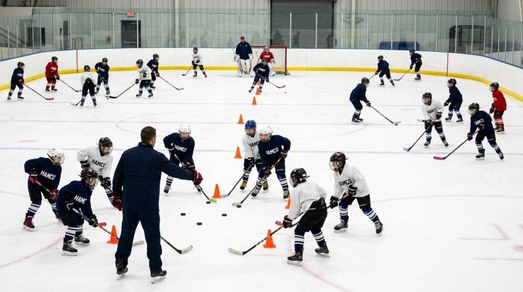 Youth hockey team practicing in small stations across the ice to maximize reps