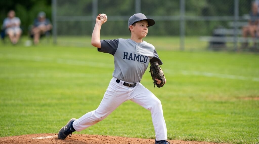 Youth pitcher with the throwing arm up as the front foot lands during the delivery