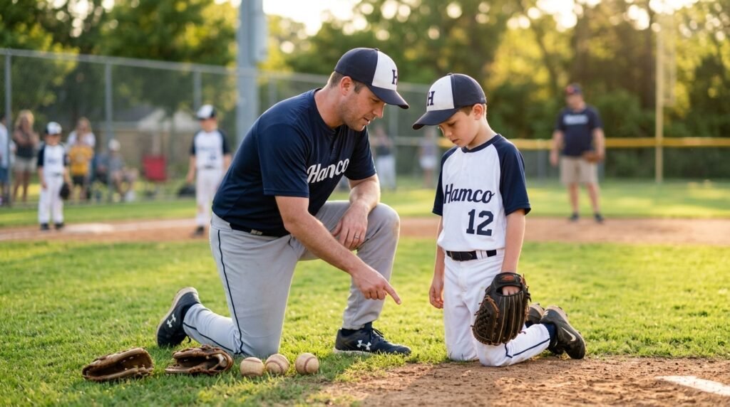 Youth pitching coach teaching mechanics to a young pitcher on the field