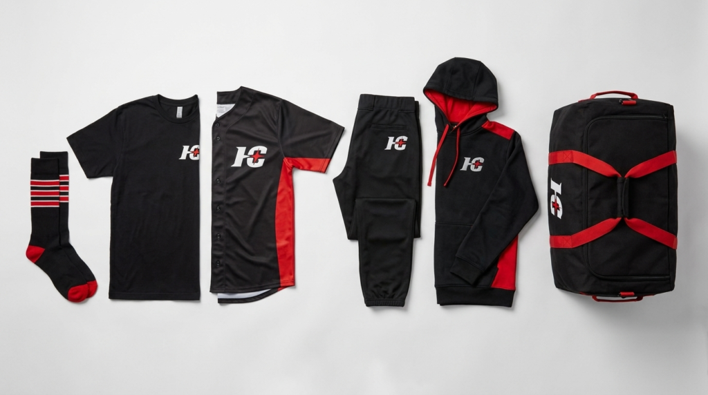 Baseball uniform pieces from socks to duffle bag arranged by price for a team order