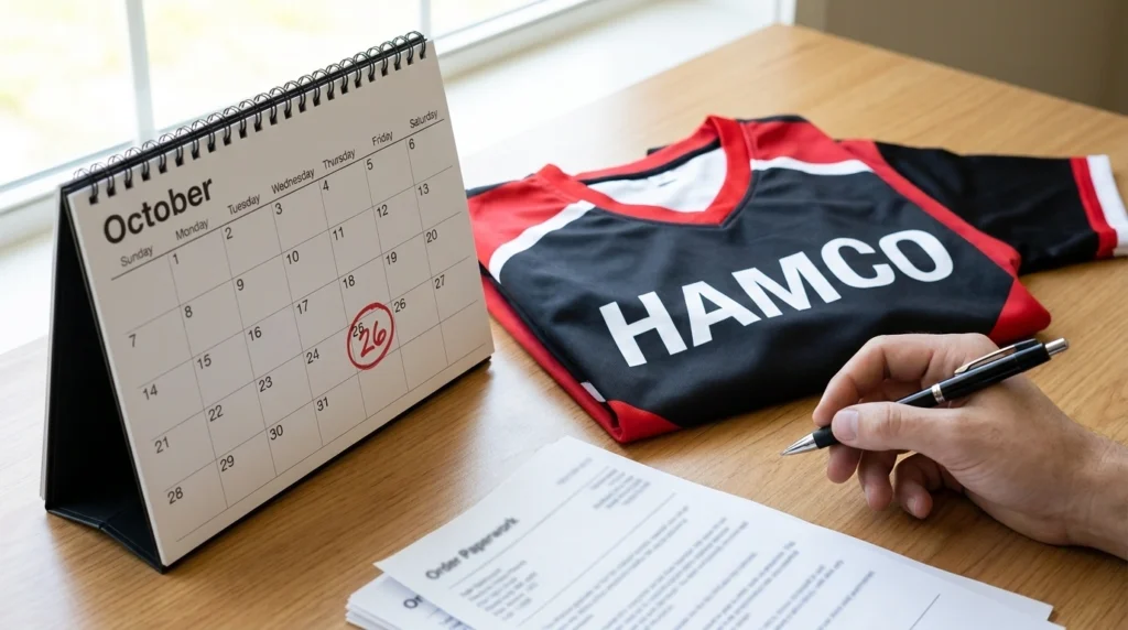 Circled season deadline on a calendar next to a custom team jersey rush order decision