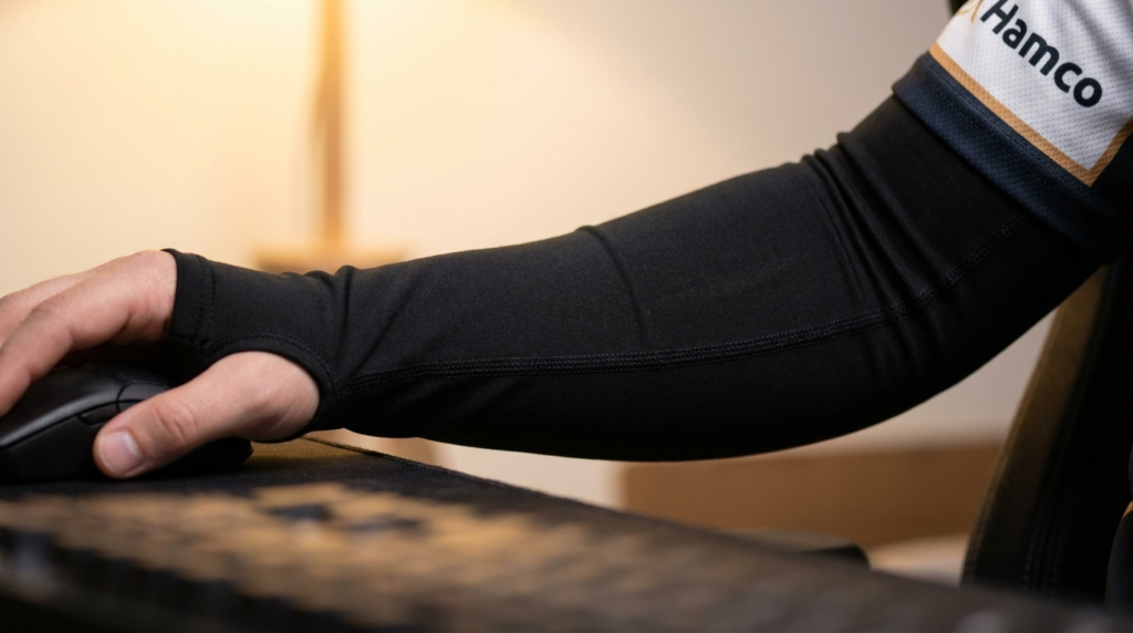 Close up of a gaming arm sleeve with a thumbhole anchored at the hand on a mouse