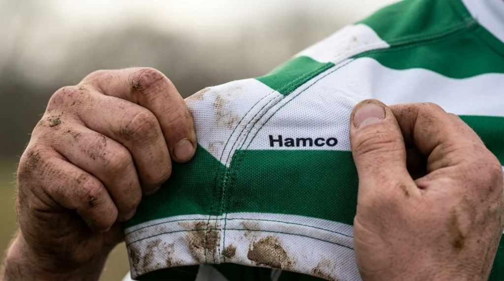 Close up of a rugby jersey showing reinforced seams and sublimated tear resistant fabric