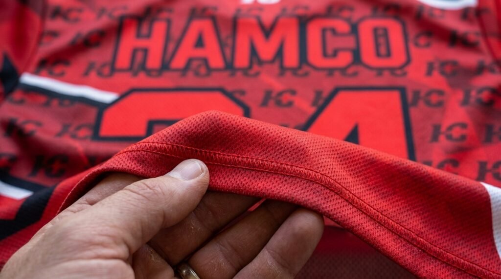 Close up of a sublimated softball jersey showing dyed in color and flatlock stitching
